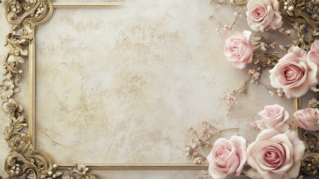 Elegant gold frame with pink roses on textured beige background.