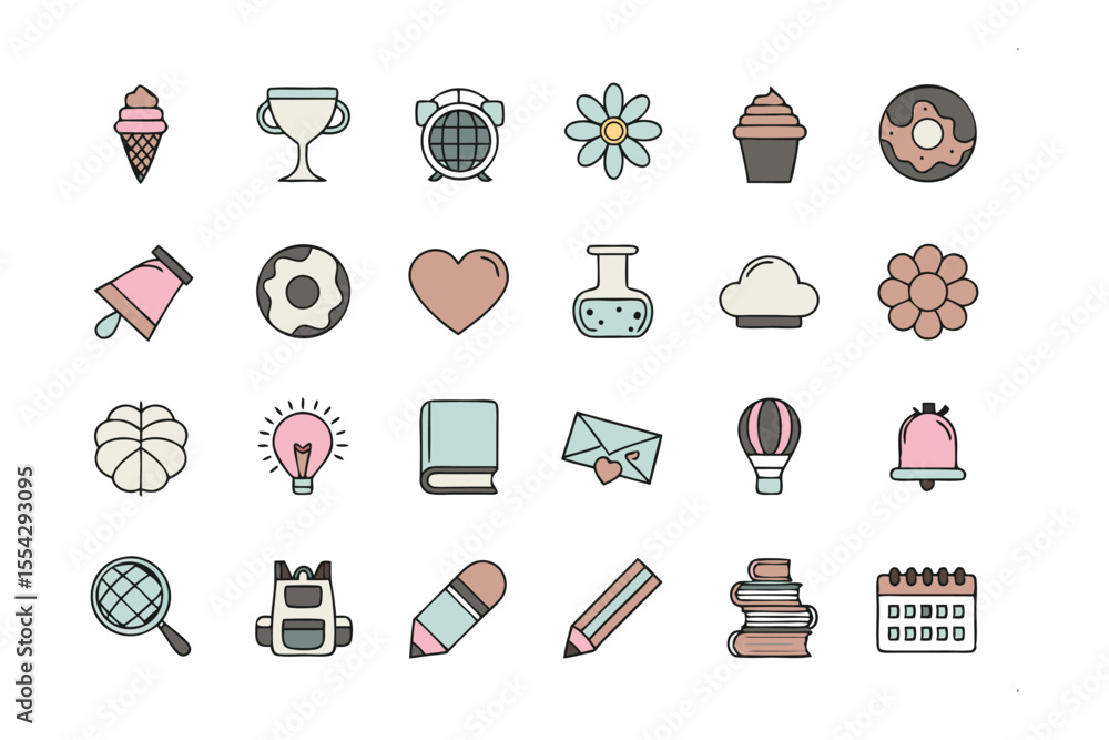 Aufkleber icon array: a collection of creatively designed icons, each representing a unique concept, symbol, o