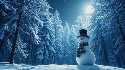 "Christmas Snowman in Peaceful Snowy Forest under Full Moonlight Sky"