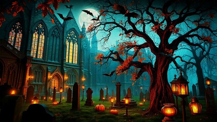 "Spooky Halloween Night with Glowing Jack-o'-Lanterns in Haunted Graveyard"

