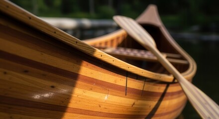 Wooden canoe floating on serene lake with oars