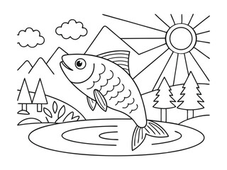 Fototapeta premium Sunny day in nature with fish, trees and mountains coloring page. A nature-themed coloring page featuring fish, trees, and mountains on a sunny day