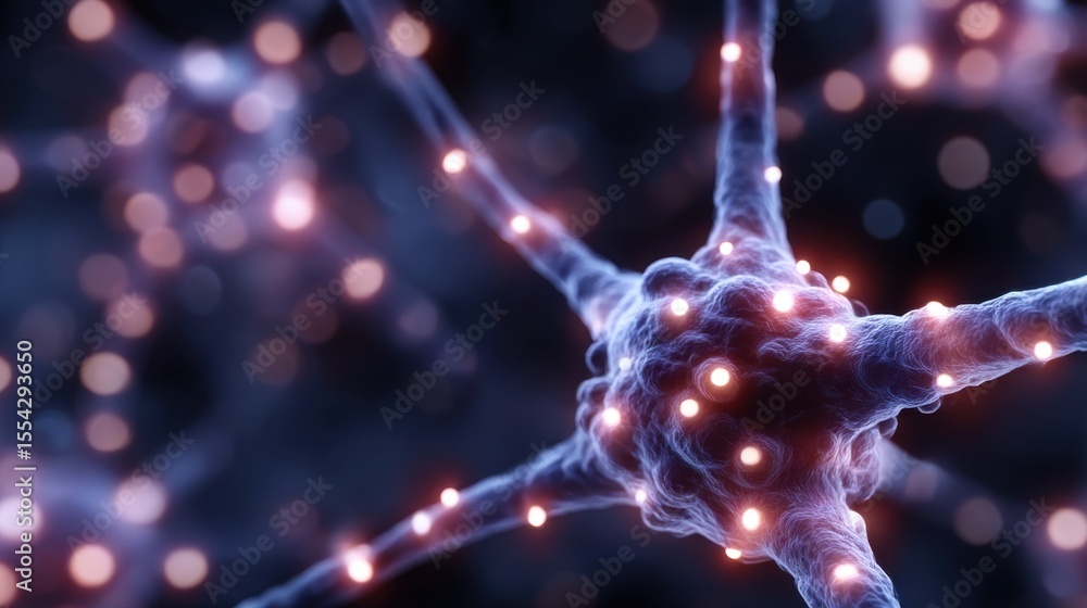 Poster detailed view of a neuron with glowing synapses showcasing brain activity in a microscopic world