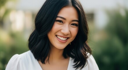Smiling woman in outdoor setting with blurred background