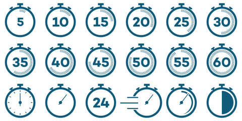 Countdown Timer and Stopwatch Icon Set – Vector Clock Symbols for Time Tracking and Cooking Labels