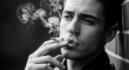 Man smoking cigarette in moody black white portrait