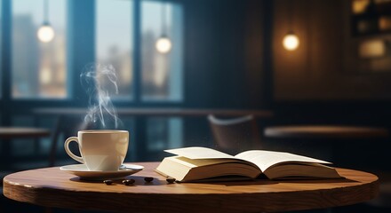 hyper realistic photo of a cup of coffee with steam next to an open book in a cozy cafe setting, subject placed on the left with crystal blue tones and floodlights