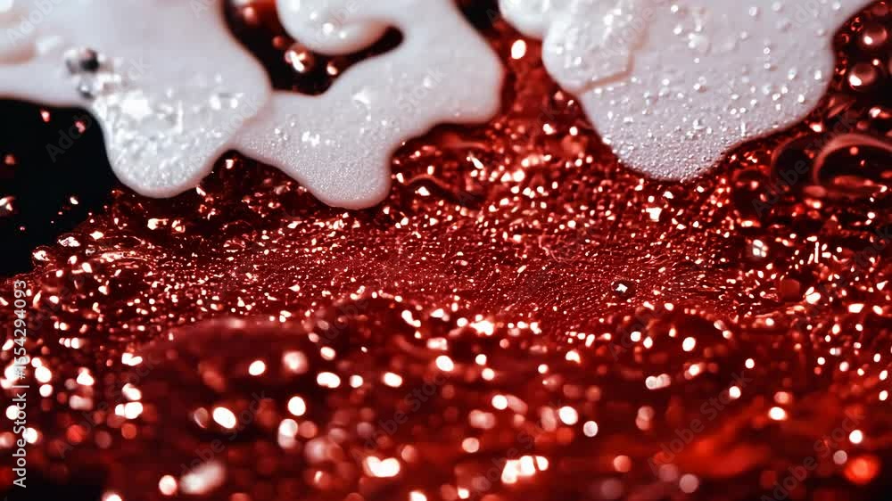 Poster Dynamic drops of red and white glitter in black oil or ink diffusing through liquid, creating an abstract aquatic swirls