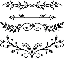 Black Floral Swirls and Leaf Branches Decorative Elements Set Vintage Style Design