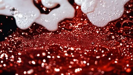 Dynamic drops of red and white glitter in black oil or ink diffusing through liquid, creating an abstract aquatic swirls