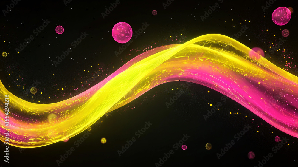 Poster dynamic and vibrant depiction of glowing particles flowing across a dark background, creating a lumi