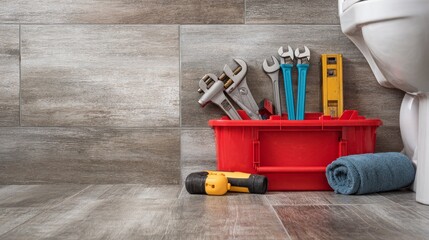 Toolbox and plumberâ€™s gear placed near toilet in bathroom setting