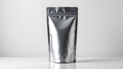 Metallic Pouch in Focus: A close-up shot of a shiny, metallic pouch stands against a softly lit background. The simple yet striking design makes it perfect for various packaging applications.