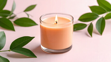 Relaxing Peach-Scented Candle with Lush Greenery