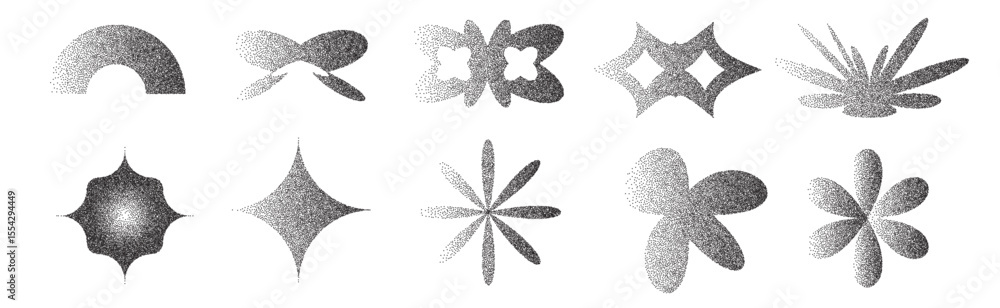Poster geometric figures with grain noise gradient texture. y2k retro stippling forms set. butterfly, semic