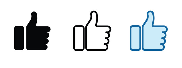 Thumbs Up Icon Set – Black, Outline, and Blue Variations for Web Design, Social Media, and UI Graphics