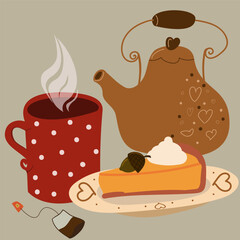 Cozy vector illustration of a warm tea and pumpkin pie scene. Perfect for seasonal cards, kitchen prints, recipe books, and inviting home decor.