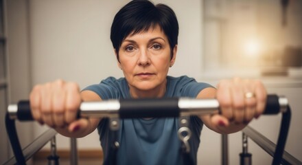 Woman focused on exercise equipment in gym