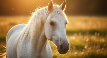 Majestic white horse in sunlit meadow