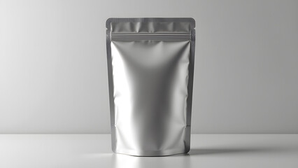 Silver Pouch Mockup: A shiny silver stand-up pouch, sleek and minimalist, shines on a neutral table, ready to showcase your product.