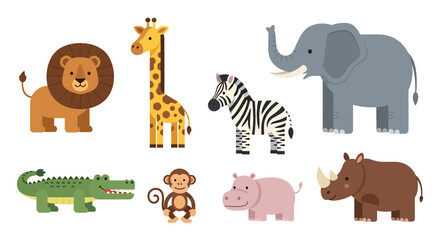 Adobe illustrator vector flat style illustration of a vibrant collection of diverse cartoon animals, including a tiger, raccoon, zebra, panda, lion, koala, bear, fox, and various other cute creatures