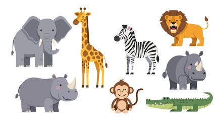 Adobe illustrator vector flat style illustration of a vibrant collection of diverse cartoon animals, including a tiger, raccoon, zebra, panda, lion, koala, bear, fox, and various other cute creatures