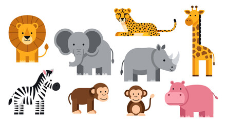 Adobe illustrator vector flat style illustration of a vibrant collection of diverse cartoon animals, including a tiger, raccoon, zebra, panda, lion, koala, bear, fox, and various other cute creatures