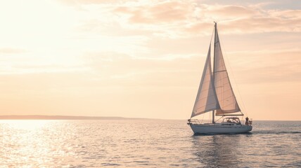Fototapeta premium Sailboat on calm sunset ocean with orange sky and gentle waves