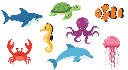 Adobe illustrator vector flat style illustration of a charming collection of sea animals, including an otter, octopus, dolphin, crab, turtle, shark, starfish, and jellyfish, in various adorable poses