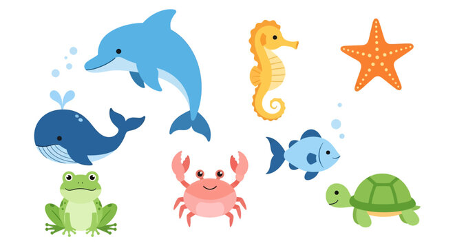 Adobe illustrator vector flat style illustration of a charming collection of sea animals, including an otter, octopus, dolphin, crab, turtle, shark, starfish, and jellyfish, in various adorable poses