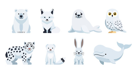 Adobe illustrator vector flat style illustration of a charming collection of snow animals, including a penguin, polar bear, seal, rabbit, musk ox, snow leopard, and caribou, in various adorable poses