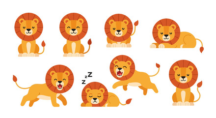 Adobe illustrator vector flat style illustration of eight mascot cartoon lions in various standing, sitting, and roaring poses, showcasing their iconic manes