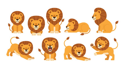 Adobe illustrator vector flat style illustration of eight mascot cartoon lions in various standing, sitting, and roaring poses, showcasing their iconic manes