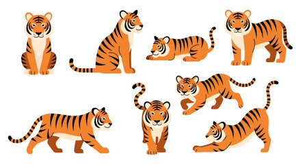 Adobe illustrator vector flat style illustration of mascot cartoon tigers in different standing and sitting poses, showcasing their iconic orange and black stripes