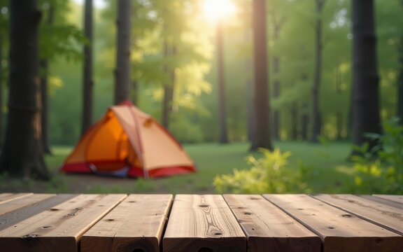 A empty wooden table in the foreground with a tent and trees in the blurred background, suggesting an outdoor camping scene in a forest. High quality
