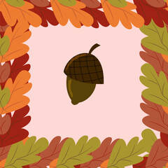 Seamless vector pattern featuring autumn acorns framed by oak leaves in repeating squares of light pink. Ideal for seasonal designs, textiles, and decorative prints.
