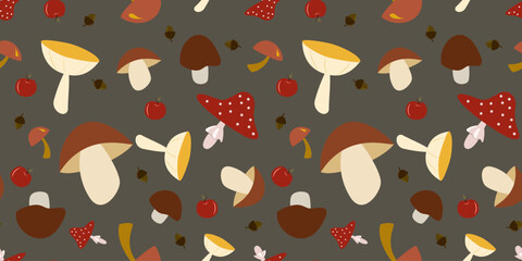 Whimsical seamless vector pattern of cute cartoon mushrooms, acorns, and apples on a dark grey background. Perfect for children's fall projects, scrapbook paper, and harvest-themed crafts.