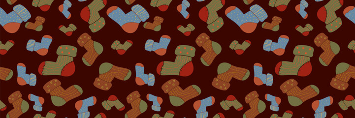 Cozy seamless vector pattern of warm autumn socks on a dark red background. Perfect for digital backgrounds, hygge-themed designs, and seasonal comfort.