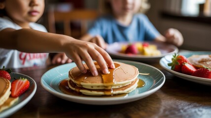 Children enjoying pancakes with syrup and fresh strawberries at breakfast