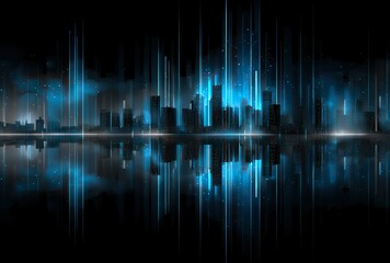 Futuristic Cityscape with Glowing Blue Digital Skyscrapers (Tech Innovation, Data Flow Architecture, Neon Cyber Aesthetic)