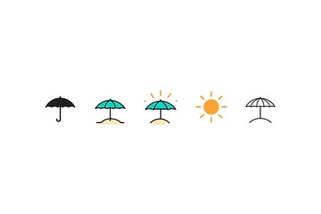 Minimalist beach umbrella and sun icons on white background simple
