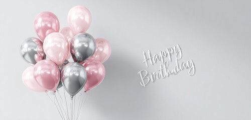 A bunch of pink and silver balloons next to a happy birthday sign on a light gray background