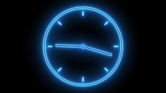 clock icon animation glowing neon blue color watch dial circle timer timekeeper analog clock 24 hour day fast speed sign symbol on black background	