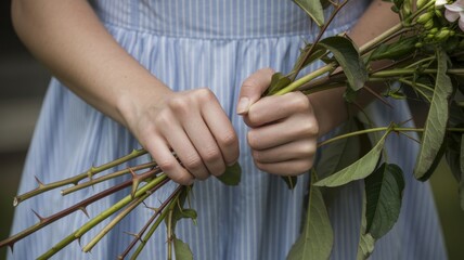 Female in blue dress holding thorny stems with careful hands