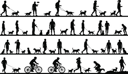 Silhouette of People Walking Dogs, Riding Bicycles, Interacting with Pets Outdoors, Daily Activity, Urban Life, Fitness, Companionship, Leisure, Animal Care, Street Scene, Lifestyle