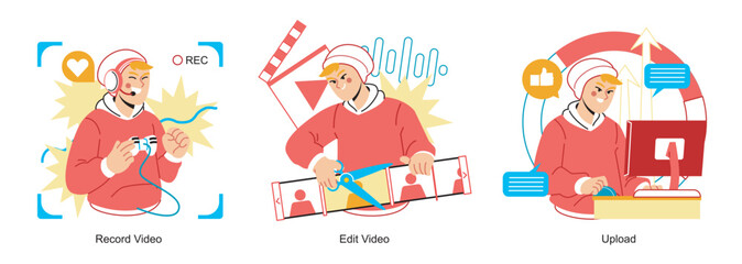 content creator or influencer production process. step recording video, editing and uploading