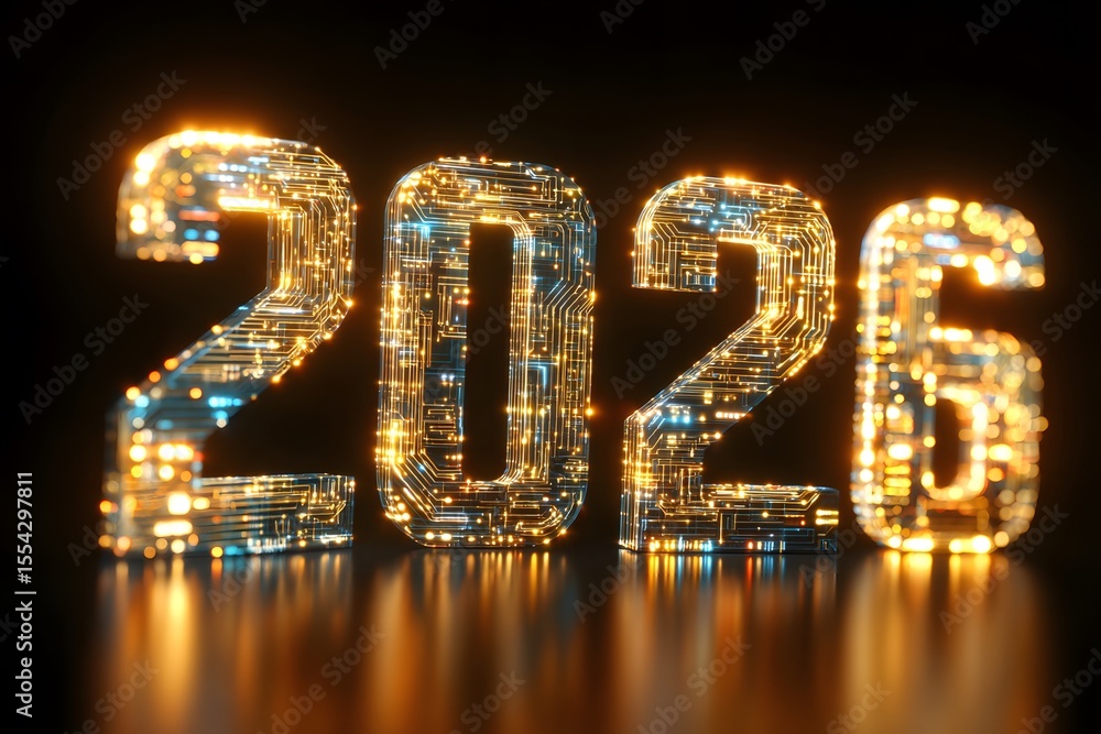 Poster illuminated digital numbers '2026' with circuit-like design on a dark background