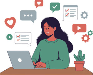 Smiling Woman Working on Laptop - Digital Productivity & Communication