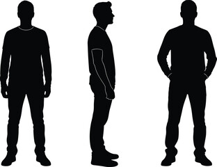Male silhouette, standing figure, human pose, profile view, hands in pockets, black and white, posture study, design reference, man body, vector illustration