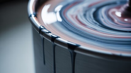 Close-up of paint dripping on edge of round container with swirling blue and pink patterns